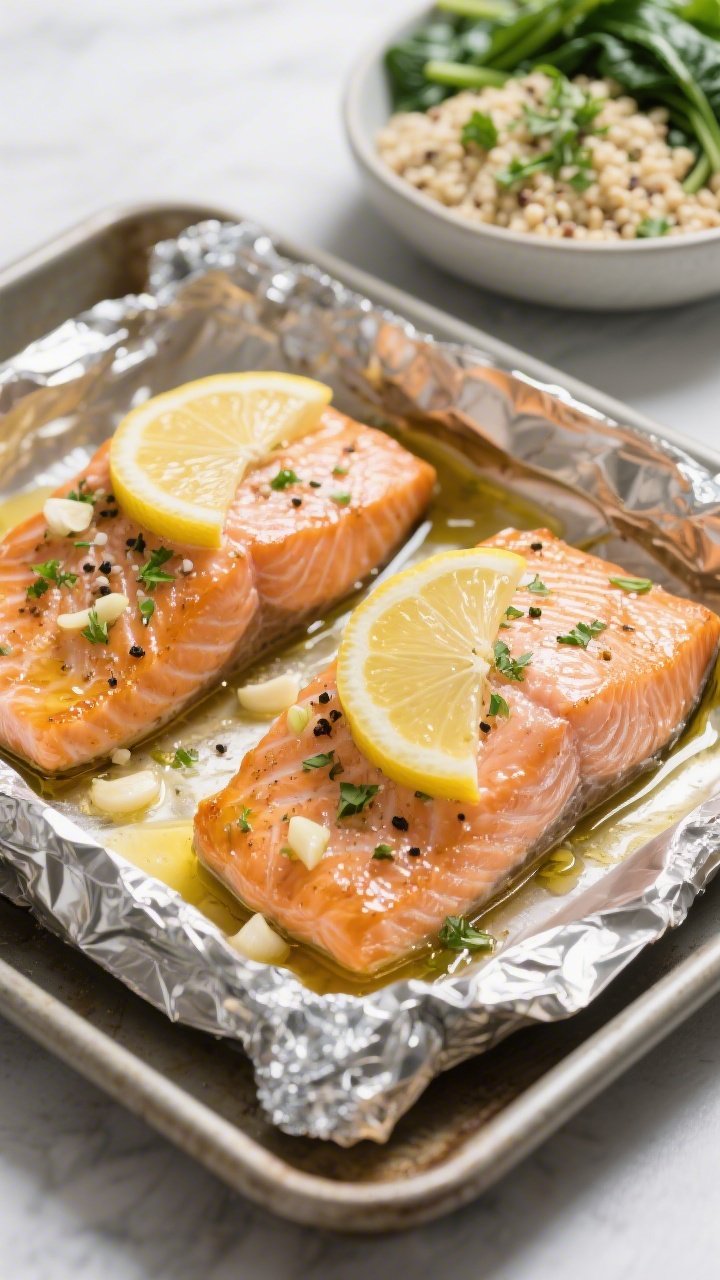 Close-up of lemon-garlic salmon foil packets just opened on a sheet pan: two salmon fillets glistening with olive oil, minced garlic, sea salt, black pepper, and thin lemon slices atop, juices pooling; in the background a bowl of fluffy herby quinoa with chopped parsley and a side of tender sautéed greens; 45-degree angle, focus on flaky salmon and glossy lemon, garnished with a final squeeze of lemon juice; clean, modern styling.