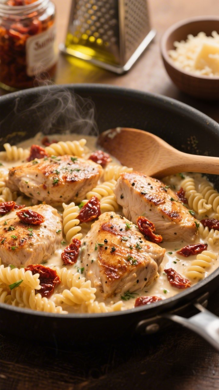Close-up of one-pan creamy sun-dried tomato chicken pasta in a wide sauté pan: bite-size chicken thighs seasoned with salt, black pepper, and Italian seasoning, seared in olive oil from the sun-dried tomato jar; corkscrew pasta coated in a silky cream sauce studded with chopped sun-dried tomatoes, flecks of herbs, and a sheen of oil; a wooden spatula stirring, cheese grater and small bowl of grated Parmesan in the background, warm tungsten lighting, steam rising.