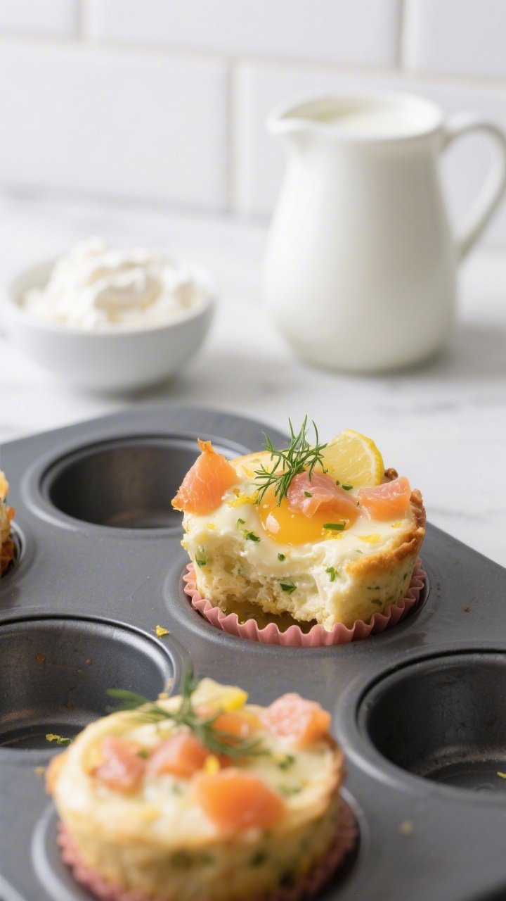 Close-up of smoked salmon egg bites just out of a silicone muffin tray, cut one showing silky custardy interior; flecks of fresh dill, lemon zest shimmer on top, and tiny orange-pink salmon pieces throughout; a small bowl of whipped ricotta/cream cheese and a pitcher of heavy cream behind; straight-on composition with clean white tile backdrop, crisp highlights, no people.