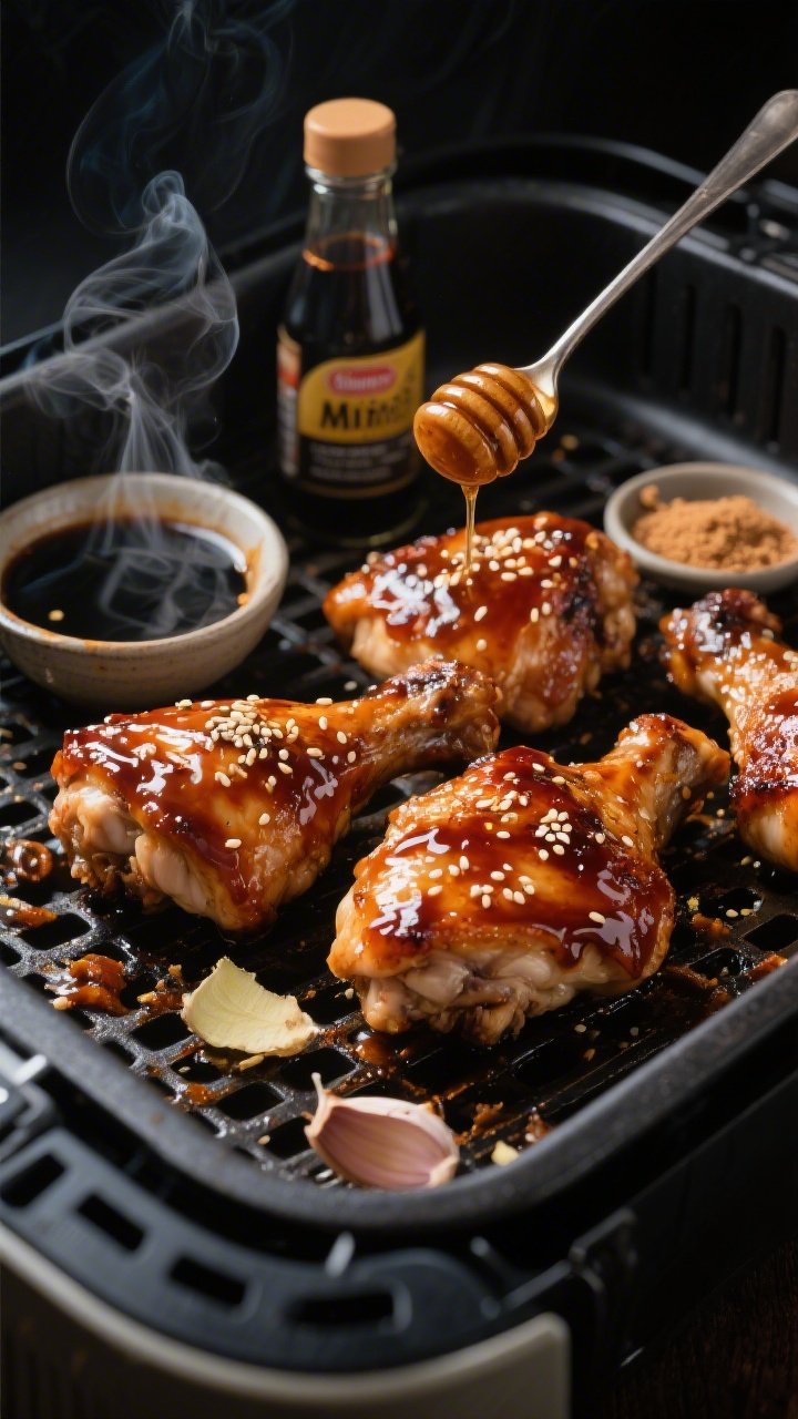 Close-up of sticky teriyaki chicken thighs in the air fryer basket: lacquered glaze with caramelized edges, visible sesame sheen. Include a small pouring bowl with low-sodium soy sauce, a bottle of mirin, a spoon dipped in honey/brown sugar, and finely grated ginger and garlic on a side dish. Steam rising subtly, rich contrast to highlight the glossy sauce and crispy bits, dark background for drama.