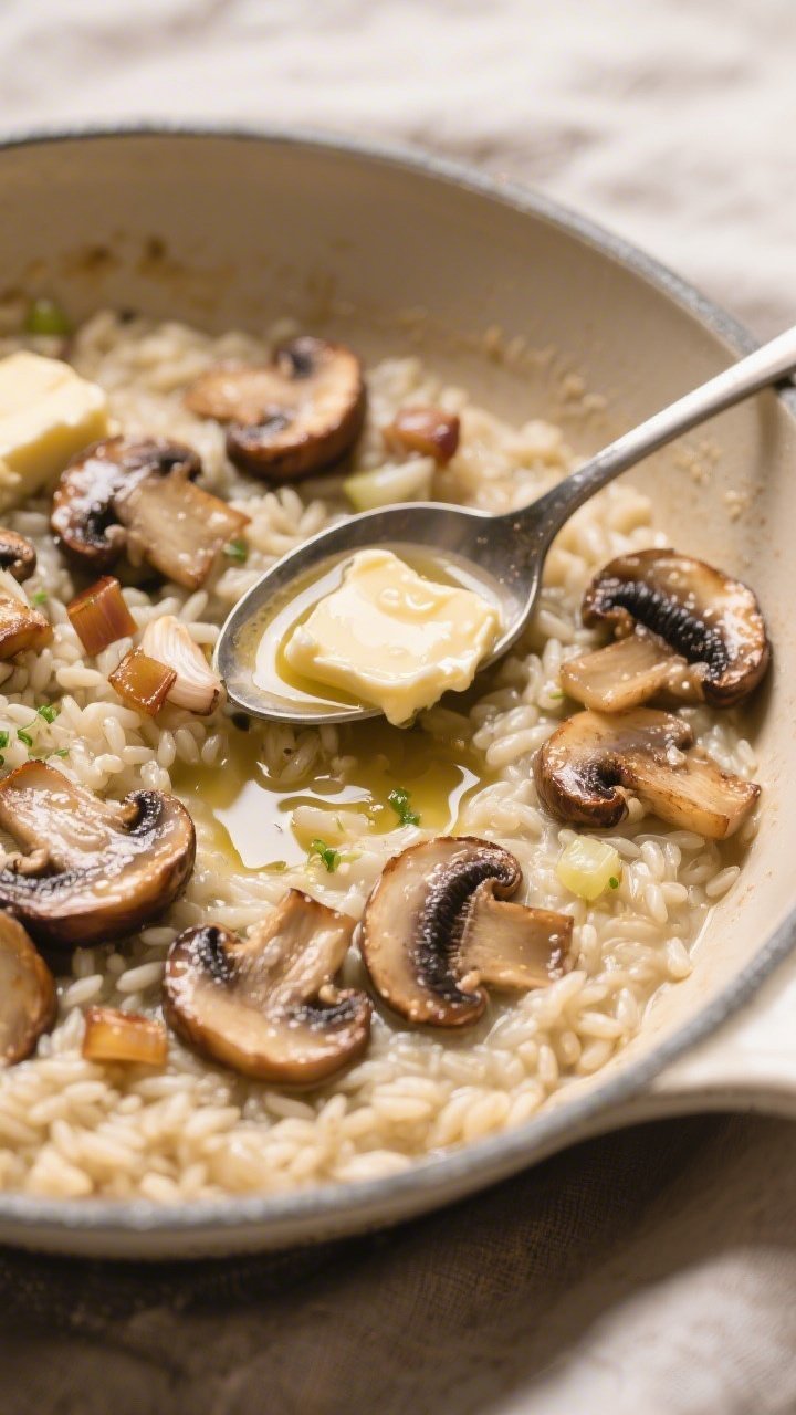 Close-up of weeknight mushroom marsala risotto mid-cook: arborio rice releasing starch into a silky sauce, sliced cremini and mixed mushrooms browned at the edges, tiny cubes of shallot and minced garlic peeking through; a splash of Marsala wine just added, creating glossy bubbles; pats of unsalted butter melting in, olive oil shine, creamy waves captured as a spoon pulls through; neutral ceramic skillet on a soft linen for an elegant trattoria vibe.