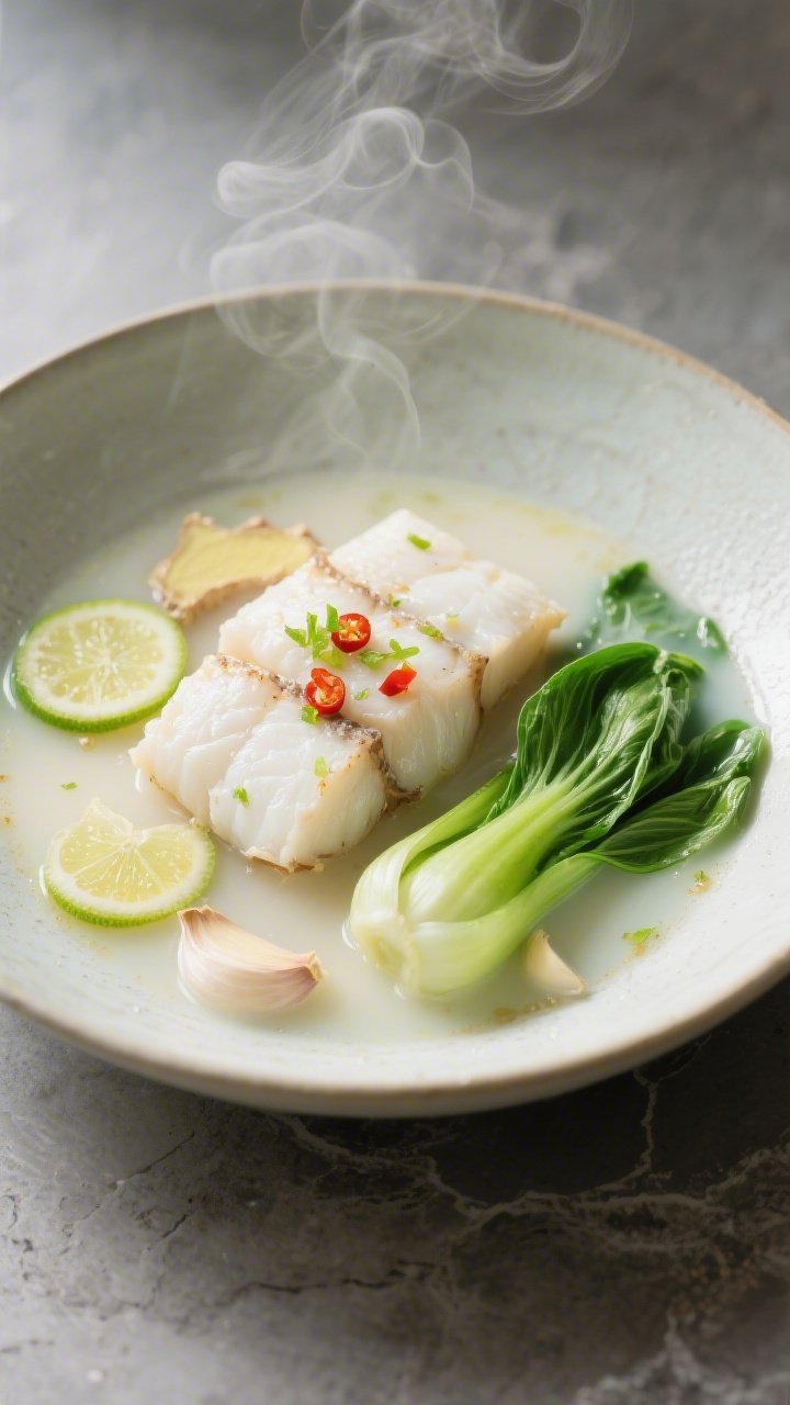 Close-up overhead of coconut-lime poached cod: delicate white cod portions bathing in a pale, silky coconut milk broth swirled with low-sodium stock, thin coins of fresh ginger and soft garlic slices visible, baby bok choy halves bright green and just-tender, finished with a ruby drizzle of chili oil and lime zest; served in a wide shallow bowl on a matte stone surface, steam gently rising.