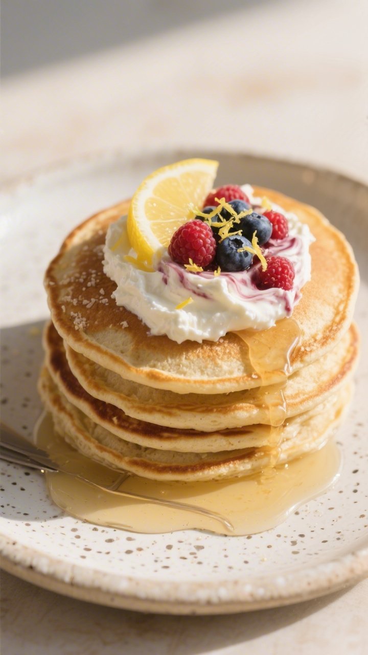 Close-up plated stack of almond flour pancakes on a speckled stoneware plate: tender, golden pancakes made from almond flour and coconut flour with baking powder and sea salt, topped with a cloud of lemon-scented ricotta and a marbled berry swirl (raspberries/blueberries lightly crushed), micro-zest of lemon over the top, a thin drizzle of warm sugar-free syrup pooling at the base, soft butter knife marks for texture, shallow depth of field highlighting crumb and ricotta creaminess, warm morning light.