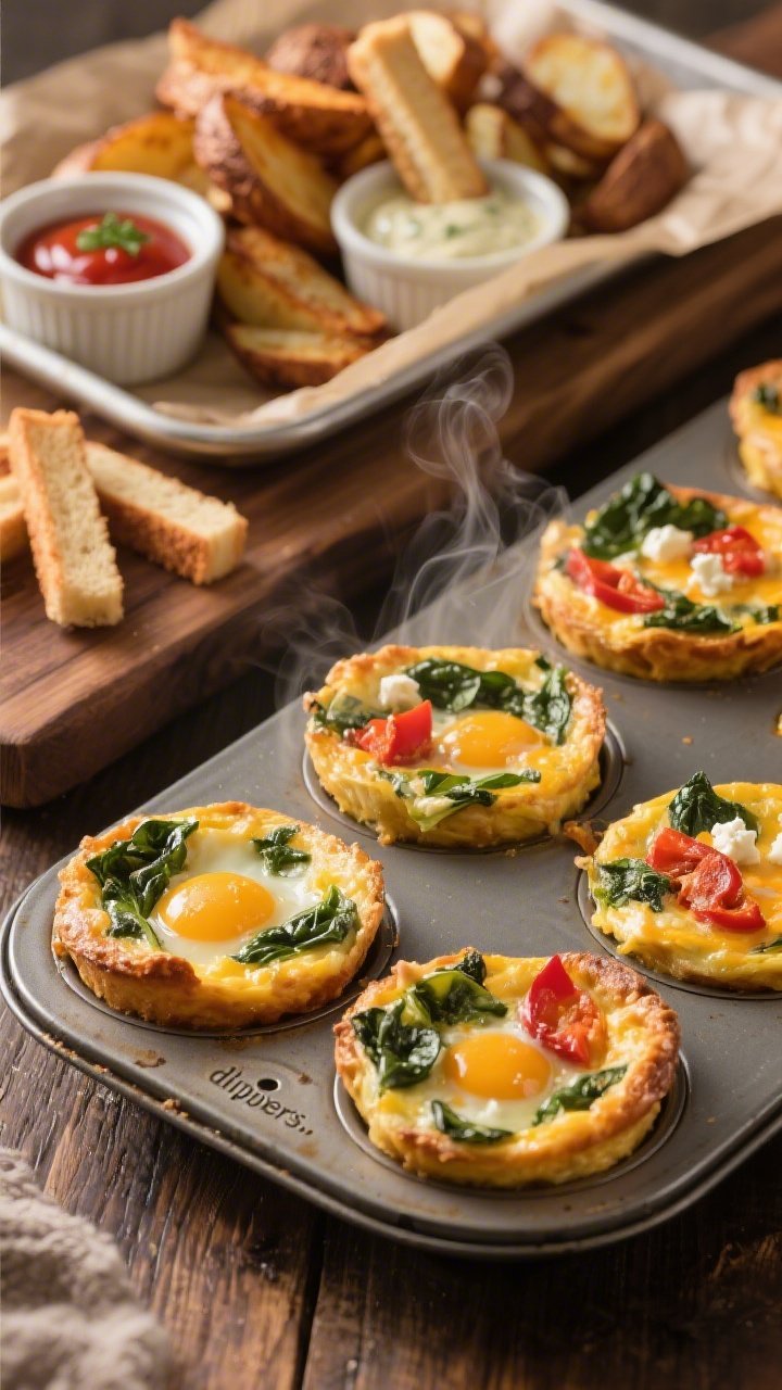 Close-up process-to-plated composite for a hearty brunch board: front focus on mini frittatas baked in a muffin tin, tops puffed and golden with visible chopped baby spinach, roasted red peppers, and melted cheddar/feta; nearby a parchment-lined tray of crispy breakfast potatoes with browned edges. Include dipping ramekins (ketchup, herby aioli) and toast soldiers for “dippers.” Soft steam rising, warm directional light accentuating egg curds and potato crust, shallow depth for appetizing detail, rustic board setting.