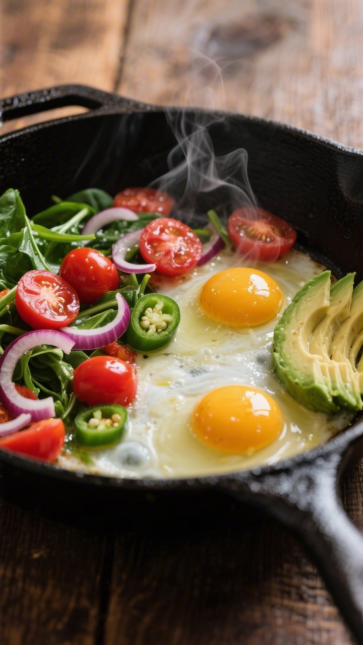 Close-up skillet action shot: a black cast-iron pan with olive oil glistening, thinly sliced red onion and jalapeño softening, halved cherry tomatoes bursting, and baby spinach just wilting; 2–3 cracked eggs gently cooking in the center with glossy yolks; creamy avocado slices fanned on one side; steam visible, vibrant reds and greens, rustic wooden surface beneath; shallow depth of field, intense, savory mood.