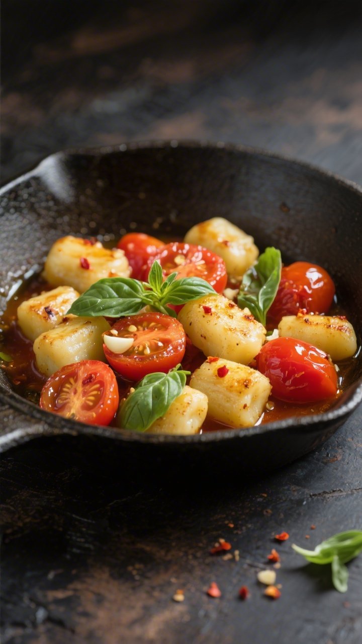 Close-up skillet capture of five-ingredient gnocchi with burst tomatoes and basil: golden, pan-seared potato gnocchi tossed with split, juicy cherry tomatoes, glistening olive oil, tiny flecks of minced garlic, and a whisper of red pepper flakes; torn basil scattered on top; shallow depth of field emphasizing glossy tomato juices coating the gnocchi, set on a dark rustic surface.