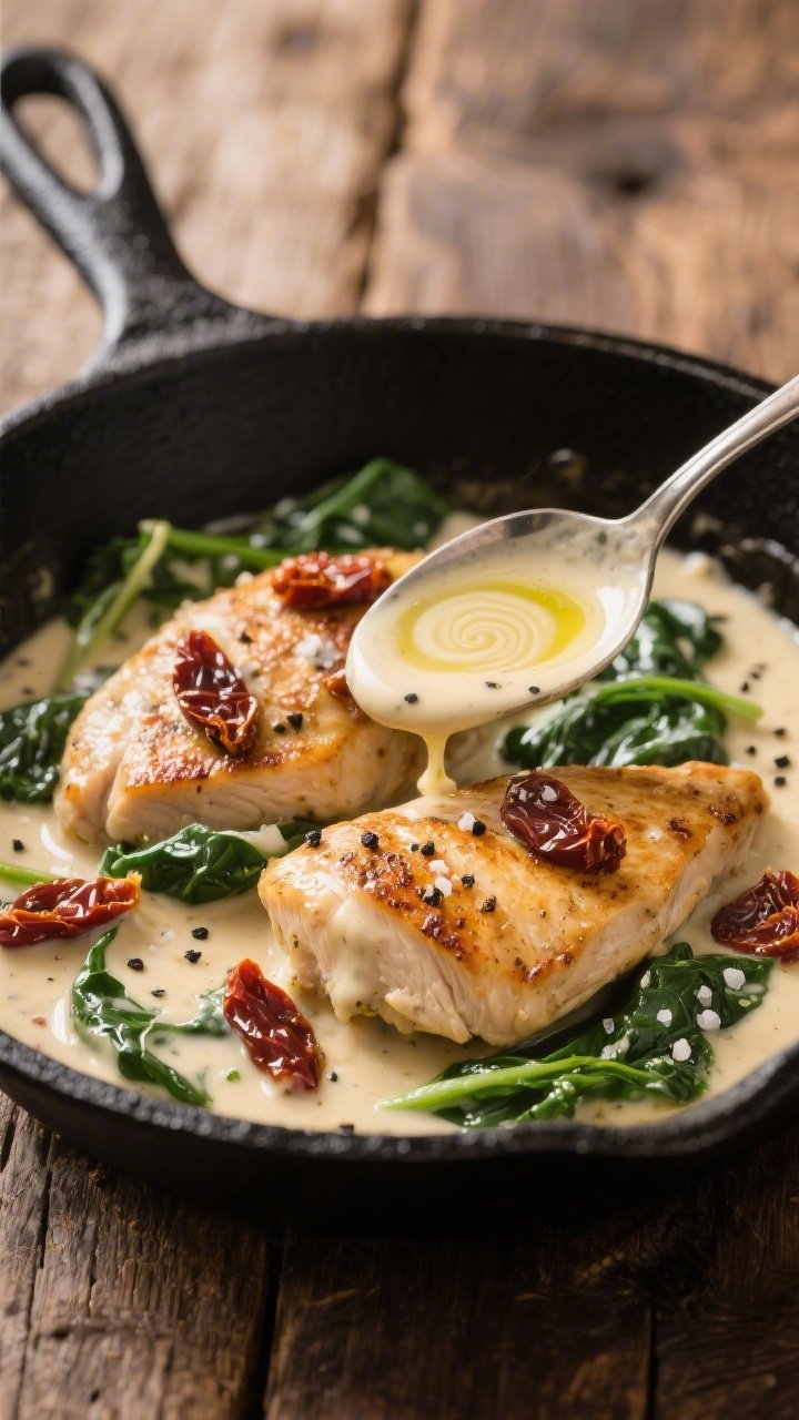Close-up skillet glamour: creamy Tuscan chicken in a black cast-iron skillet, golden seared chicken breasts bathed in a velvety cream sauce studded with sun-dried tomatoes and wilted spinach, flecks of kosher salt and black pepper visible, gentle swirl of olive oil on the surface; rustic wooden table, spoon lifting sauce to show silky texture, rich, cozy Italian vibe.