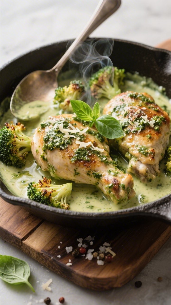 Close-up skillet scene of Creamy Pesto Chicken Thighs with Roasted Broccoli: boneless, skinless chicken thighs seared in avocado oil, coated in a lush basil pesto and heavy cream sauce with visible grated Parmesan melting into glossy ribbons; roasted broccoli florets with crisp browned tips tucked around the chicken; steam rising, pepper and sea salt crystals catching light; rustic cast-iron pan on a wooden board, spoon trail in the sauce showing silky texture; fresh basil leaves scattered for aroma, no people