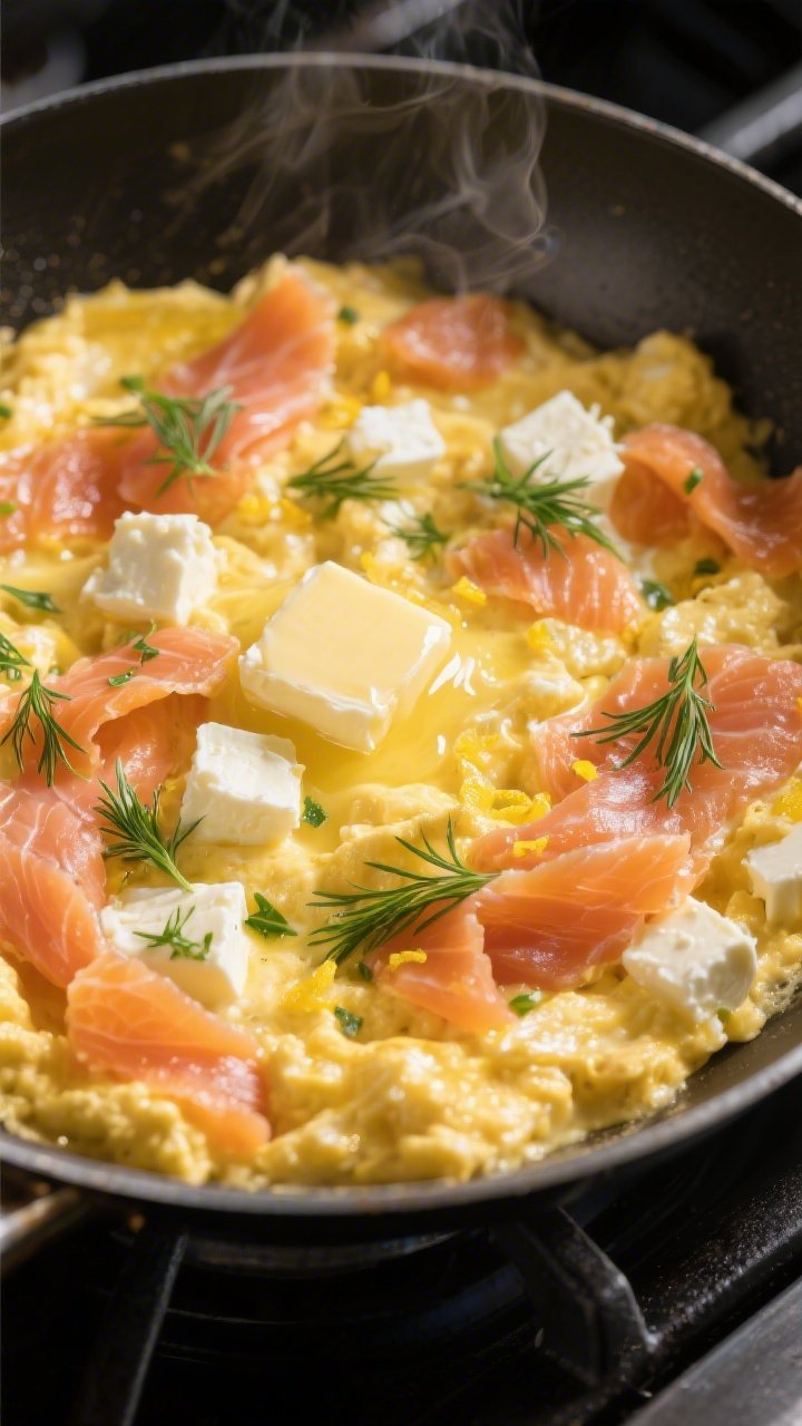 Close-up skillet shot of creamy smoked salmon scrambled eggs, glossy curds folded with cubes of melting cream cheese, ribbons of chopped smoked salmon throughout, sprinkled with fresh dill and a hint of lemon zest, pat of butter melting at the edge of the pan, soft steam visible, photographed straight-on at pan level for luscious texture, set on a matte black stovetop for contrast