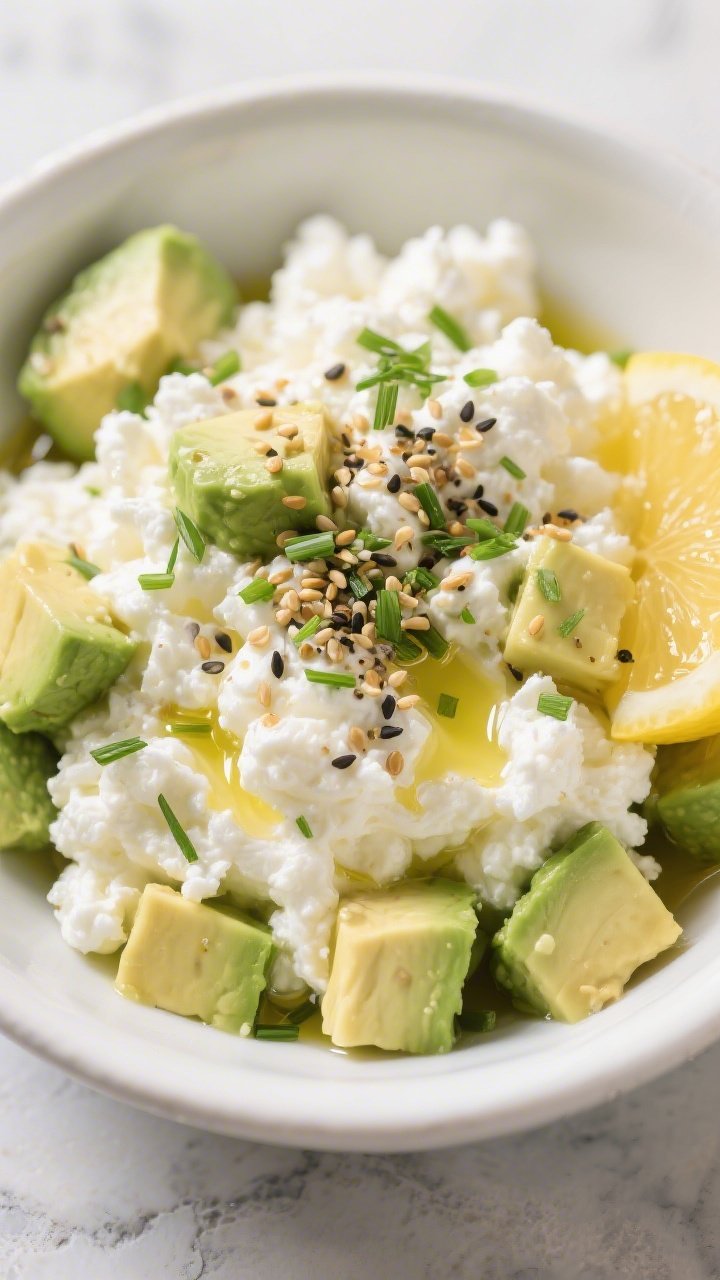 Close-up, straight-on bowl shot of a 5-minute avocado cottage cheese bowl: full-fat cottage cheese piled high with diced ripe avocado, a glossy ribbon of olive oil, a squeeze of fresh lemon shimmering on the surface, Everything Bagel seasoning scattered generously, and a sprinkle of chopped fresh dill or chives; served in a matte white bowl on a light stone surface, cool natural light highlighting the creamy curds, buttery avocado cubes, and crunchy seasoning seeds.
