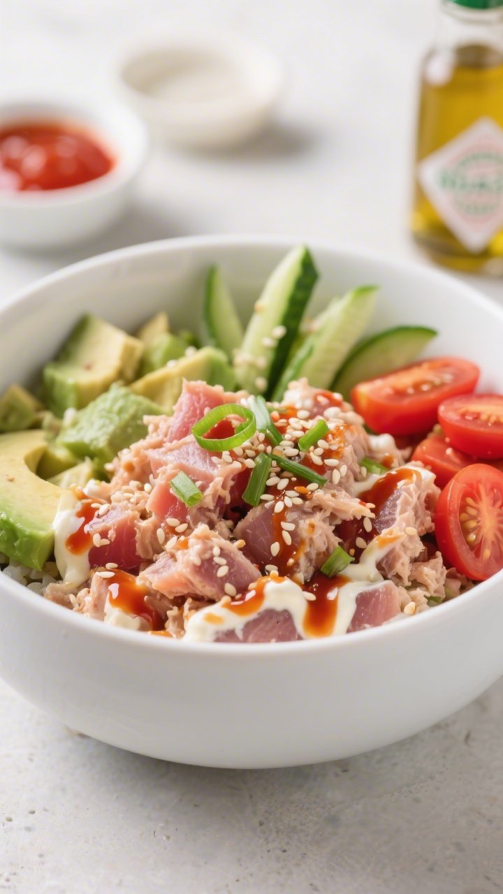 Close-up, straight-on shot of a Spicy Tuna & Avocado Sushi Bowl (no rice): flaky tuna mixed with mayonnaise, sriracha, and toasted sesame oil, topped with a glossy drizzle of coconut aminos; nestled beside diced avocado, cucumber matchsticks, and halved cherry tomatoes for color; garnished with sesame seeds and thinly sliced scallions; presented in a minimalist white bowl with steam-free, crisp lighting that highlights the creamy-spicy tuna and silky avocado; background props include a small dish of sriracha and a bottle of sesame oil.