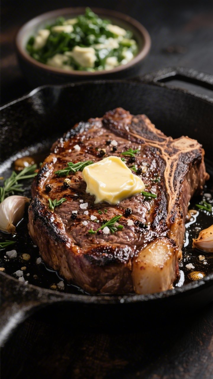 Close-up, straight-on steakhouse moment: a ribeye steak, 1 to 1 1/4 inches thick, seared in butter with smashed garlic and fresh herbs, finished with a generous slice of melting garlic-herb compound butter cascading down the crust. Coarse sea salt and cracked black pepper crystals sparkle on the charred surface. In the background, a small bowl of creamed greens with a glossy, velvety finish. Shot in a blackened cast-iron pan with a few sizzling butter bubbles for drama.