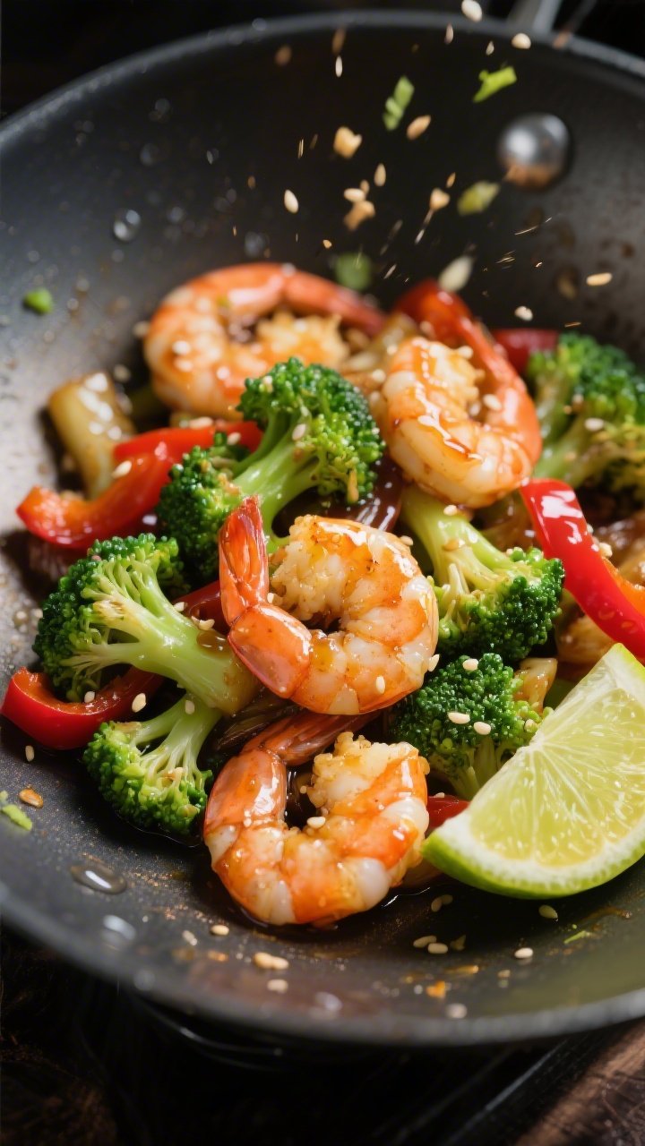 Close-up, straight-on stir-fry toss of zesty shrimp and broccoli: large shrimp glazed with ginger-lime sauce, sesame oil sheen, nestled among bright-green broccoli florets and slivers of red bell pepper; coconut aminos lacquer visible on the wok surface, lime zest speckles, a slice of lime off to the side; motion-captured look with a few droplets mid-air, dramatic side lighting to pop the colors and keep the scene ultra-fresh and crisp.