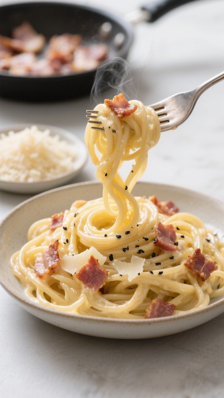 Close-up twirl for Weeknight Carbonara With Crispy Pancetta: spaghetti glossy with creamy egg-and-cheese sauce (no scramble), ribbons of Pecorino melting into the strands, flecks of freshly cracked black pepper, and crisped pancetta cubes clinging to the pasta; a fork lifting a twirl from a shallow bowl, gentle steam visible; background includes a small mound of finely grated Pecorino and a skillet with rendered pancetta; clean, bright lighting to showcase velvety sheen and crunch contrast.