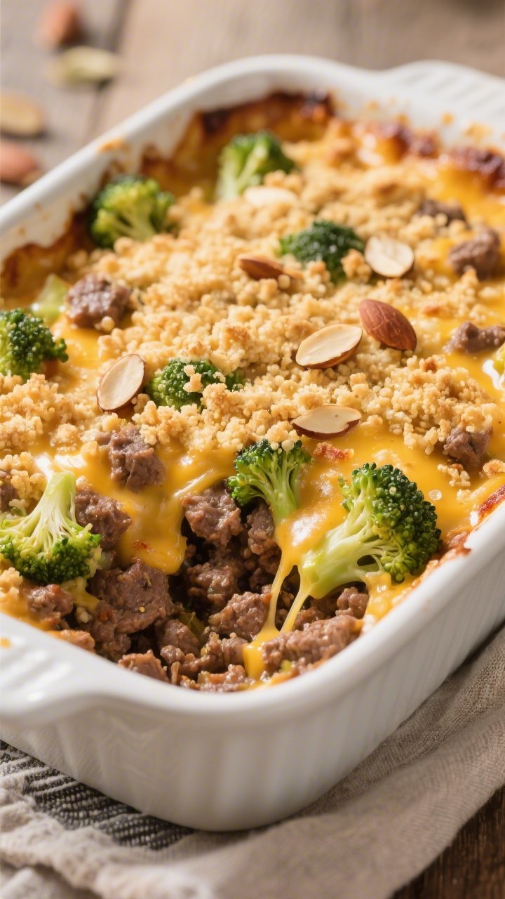 Cozy 45-degree casserole close-up of a cheesy broccoli beef bake topped with golden almond “breadcrumbs.” Ground beef (85–90% lean) seasoned with kosher salt, black pepper, onion powder, garlic powder, and paprika, folded with small bite-size broccoli florets and melted cheese, then finished with a crunchy almond crumb topping dotted with melted butter. Bubbly cheese pull visible at one corner, browned edges around the baking dish. Served in a white ceramic baking dish on a rustic linen; warm, homestyle lighting emphasizing crisp topping and creamy, meaty interior.