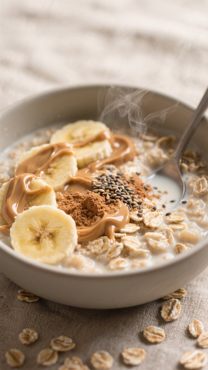 Cozy close-up of peanut butter banana protein oats in a matte bowl: creamy old-fashioned rolled oats cooked with milk, stirred with mashed ripe banana and vanilla protein powder; topped with glossy peanut butter swirl, sliced banana from the reserved half, a sprinkle of cinnamon and chia or flax for texture; steam gently rising, spoon imprint showing creaminess; neutral linen, warm tones, shallow depth of field, no people.