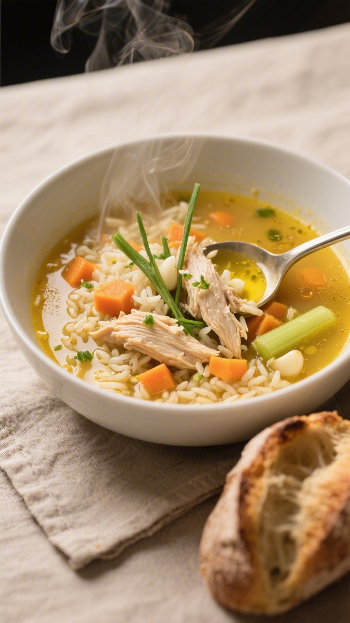 Cozy overhead bowl of chicken and rice soup: golden broth tinted with turmeric, shredded chicken, tender rice, diced carrots, celery, onion, and flecks of fresh greens; thin ginger matchsticks and minced garlic visible in the ladle; gentle steam rising, olive oil droplets catching the light; served in a wide white bowl on a neutral linen with a side of crusty bread, warm inviting tones for a comforting feel.