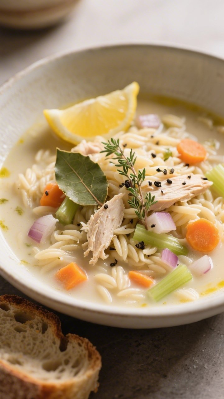 Cozy overhead bowl shot of Creamy Chicken Orzo Soup: deep bowl filled with a creamy broth made from chicken broth enriched with olive oil and butter; tender orzo, shredded chicken, diced onion, carrots, and celery, with thyme speckles and a bay leaf floating for atmosphere; cracked black pepper on top and a squeeze of lemon on the side; served with a slice of crusty bread; warm, soft light to convey comfort and hug-you-from-the-inside feel.