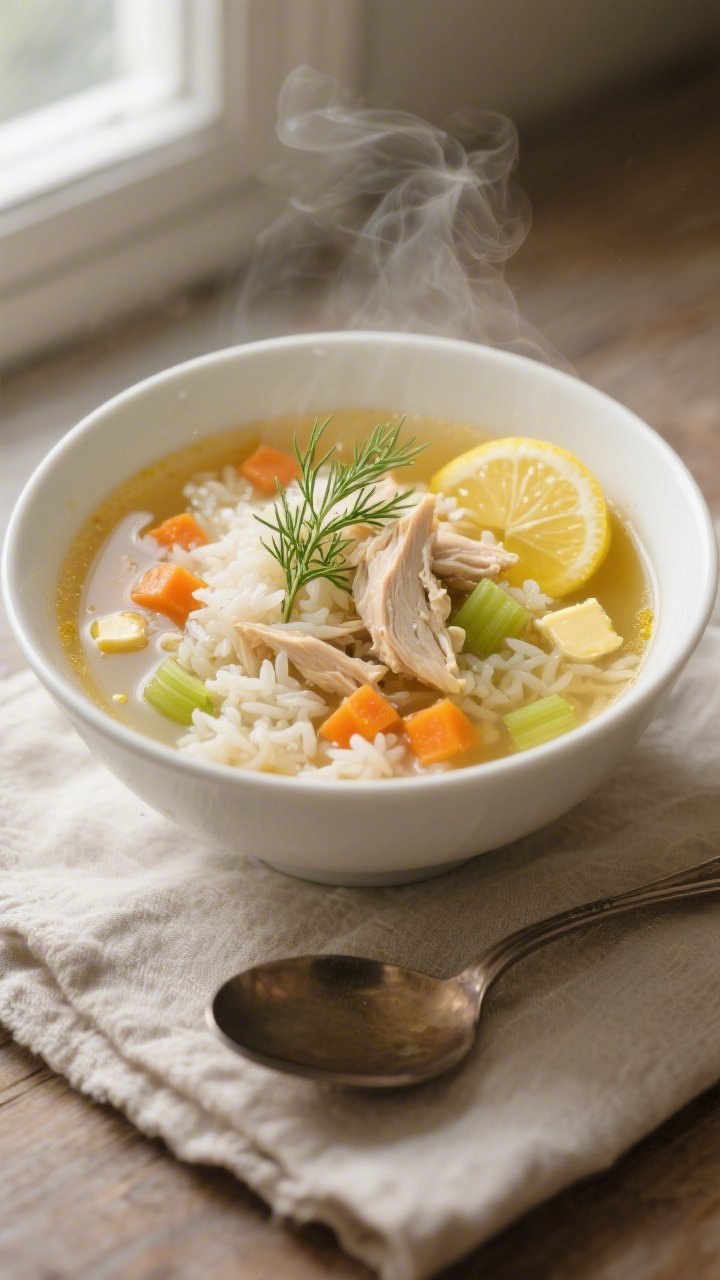Cozy straight-on bowl shot: steaming chicken and rice soup in a wide white bowl—shredded chicken, tender long-grain white rice, diced carrots, celery, and onion in a clear golden broth; fresh dill fronds and a squeeze of lemon with a wedge on the rim; gentle olive oil shimmer on the surface, tiny butter droplets adding richness; set on a linen napkin with a spoon, soft window light for a comforting, homestyle feel.