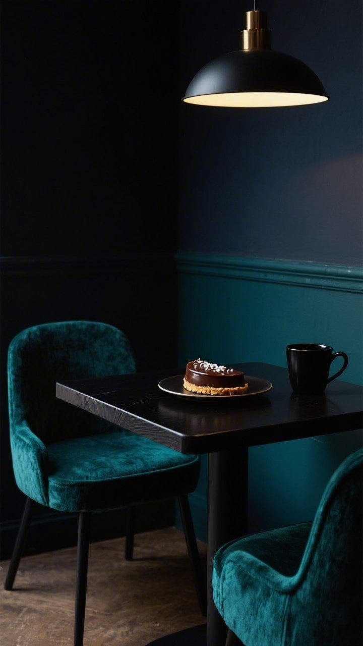 Dramatic moody close-up in a dark-walled corner (charcoal/emerald/navy): compact dark-wood or black-base table with two upholstered velvet or boucle chairs. A single plate of glossy chocolate ganache tart with sea salt flakes, beside a matte-black coffee cup; statement pendant overhead casting a focused pool of light. High contrast, deep shadows, rich textures in fabric and paint, sophisticated, luxe ambiance.