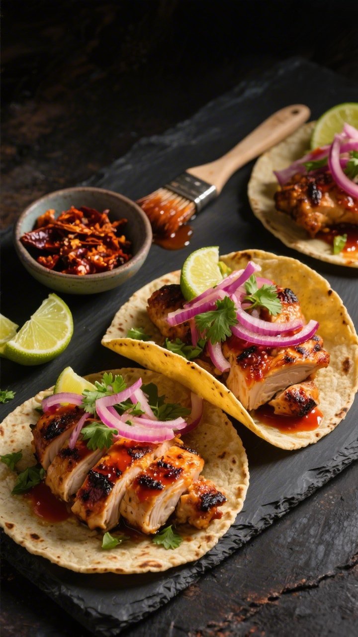 Dynamic 45-degree taco spread: smoky chipotle-lime chicken thighs sliced and tucked into warm corn tortillas, topped with quick pickled red onions, fresh cilantro, and a squeeze of lime; adobo sauce-brushed chicken showing charred edges and a reddish hue from chipotle; include a small bowl of minced chipotle in adobo, a brush with residual sauce, and lime wedges; moody, contrasty lighting to emphasize the smoky, spicy profile.