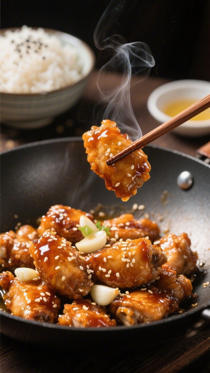 Dynamic close-up action shot: sticky honey-garlic chicken bites in a wok, lacquered with a thick amber glaze; bits of minced garlic clinging to the surface, sesame seeds sprinkled over; chopsticks lifting a glistening piece mid-air, steam curling; background blur reveals a bowl of fluffy sesame rice; ingredients hinted—cornstarch dusting on a small dish, neutral oil sheen—high contrast lighting to emphasize glossy texture.