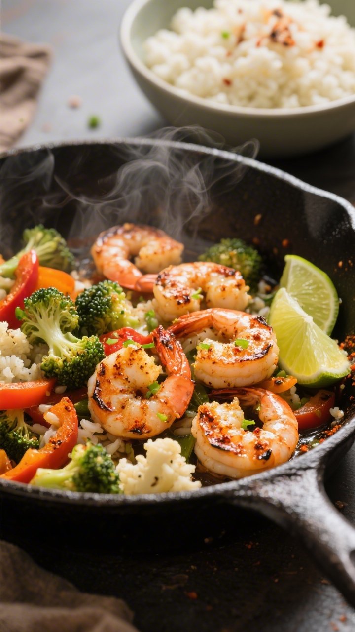 Dynamic close-up cooking shot of Chili-Lime Shrimp with Charred Veggies and Cauli Rice: shrimp tossed with olive oil, lime zest and juice, chili powder, cumin, smoked paprika, and sea salt sizzling in a cast-iron skillet; visible char on broccoli florets and sliced bell peppers alongside; a separate shallow bowl of fluffy cauliflower rice in the background; steam rising, caramelized edges, lime wedges on the side; warm directional light to highlight spice crust and char.
