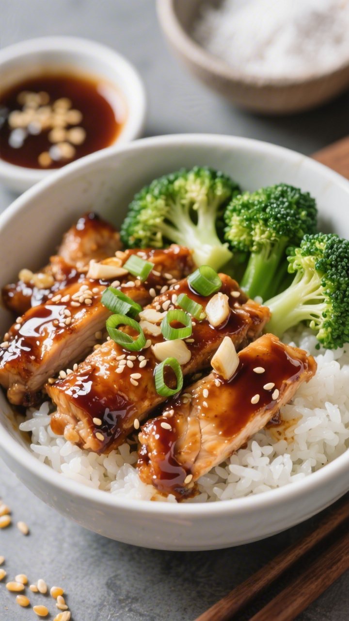 Dynamic close-up of teriyaki chicken rice bowl assembly at 45 degrees: glossy bite-size chicken thigh pieces lacquered in a thick teriyaki glaze with visible sesame seeds, minced garlic and grated ginger notes; steamed white rice base, vibrant steamed broccoli florets, and thinly sliced scallions on top; a small dish of extra sauce and a sprinkle of cornstarch in a prep bowl in the background; punchy, takeout-style vibe with high contrast highlights.