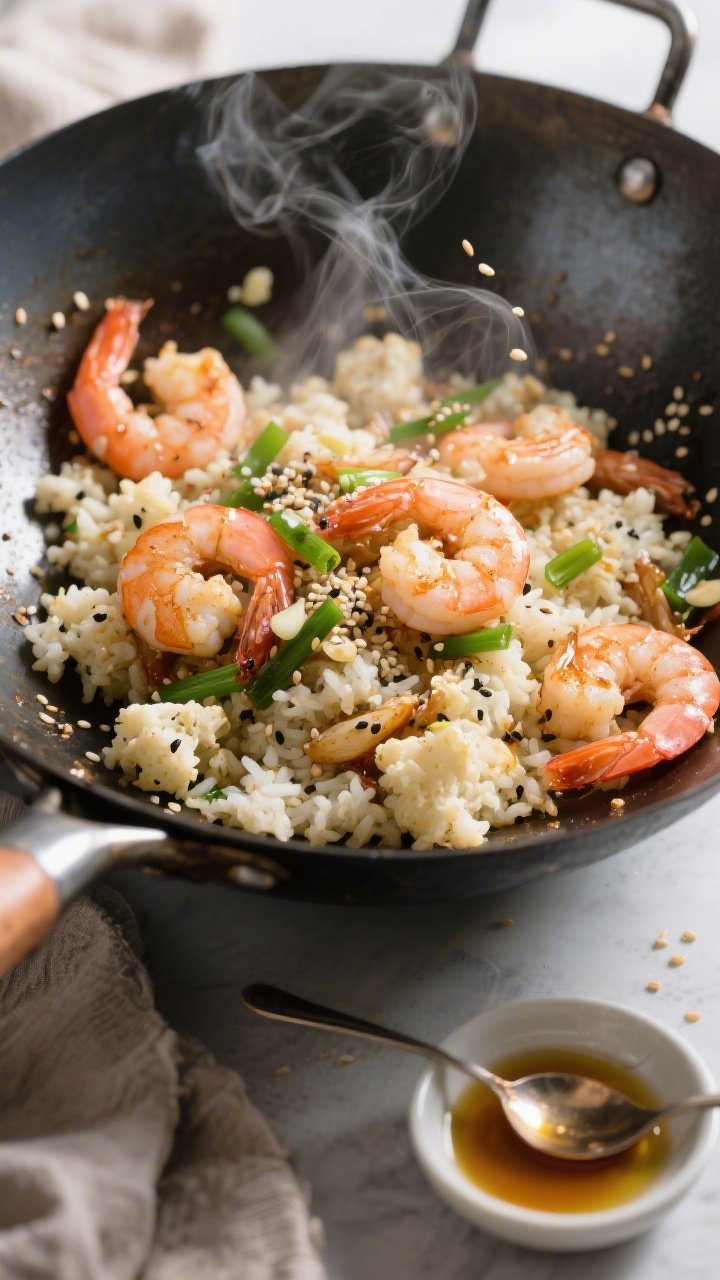 Dynamic overhead stir-fry action shot: zesty shrimp cauliflower “rice” in a carbon-steel wok. Large shrimp (peeled and deveined) turning opaque and pink, tossed with cauliflower rice flecked with garlic powder, seasoned with sea salt, black pepper, coconut aminos (or low-sodium tamari) giving a glossy umami sheen, and sesame oil. Garnished with sesame seeds and thin green scallion slices for color pop. A small dish of coconut aminos and a spoon glistening with sesame oil nearby. Bright, directional light to capture steam trails and wok-seared texture.