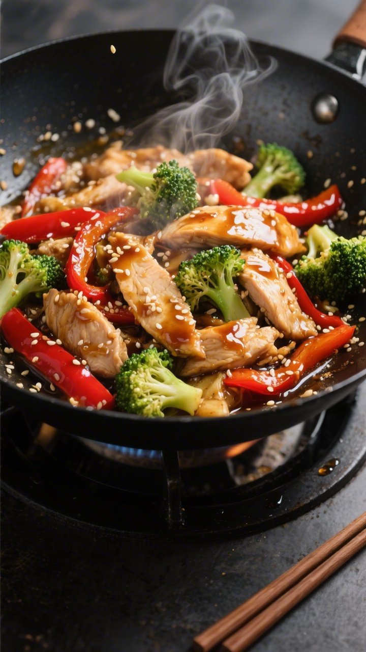 Dynamic wok action close-up for Sticky Ginger-Soy Chicken Stir-Fry: thinly sliced chicken lightly dusted with cornstarch sizzling in neutral oil alongside vibrant broccoli florets and red bell pepper strips; glossy ginger-soy glaze coating everything, with sesame seeds scattered; a glint of steam and sauce bubbles at the edge; black carbon-steel wok over a burner, chopsticks resting nearby; punchy color and sheen to evoke takeout-beating appeal.