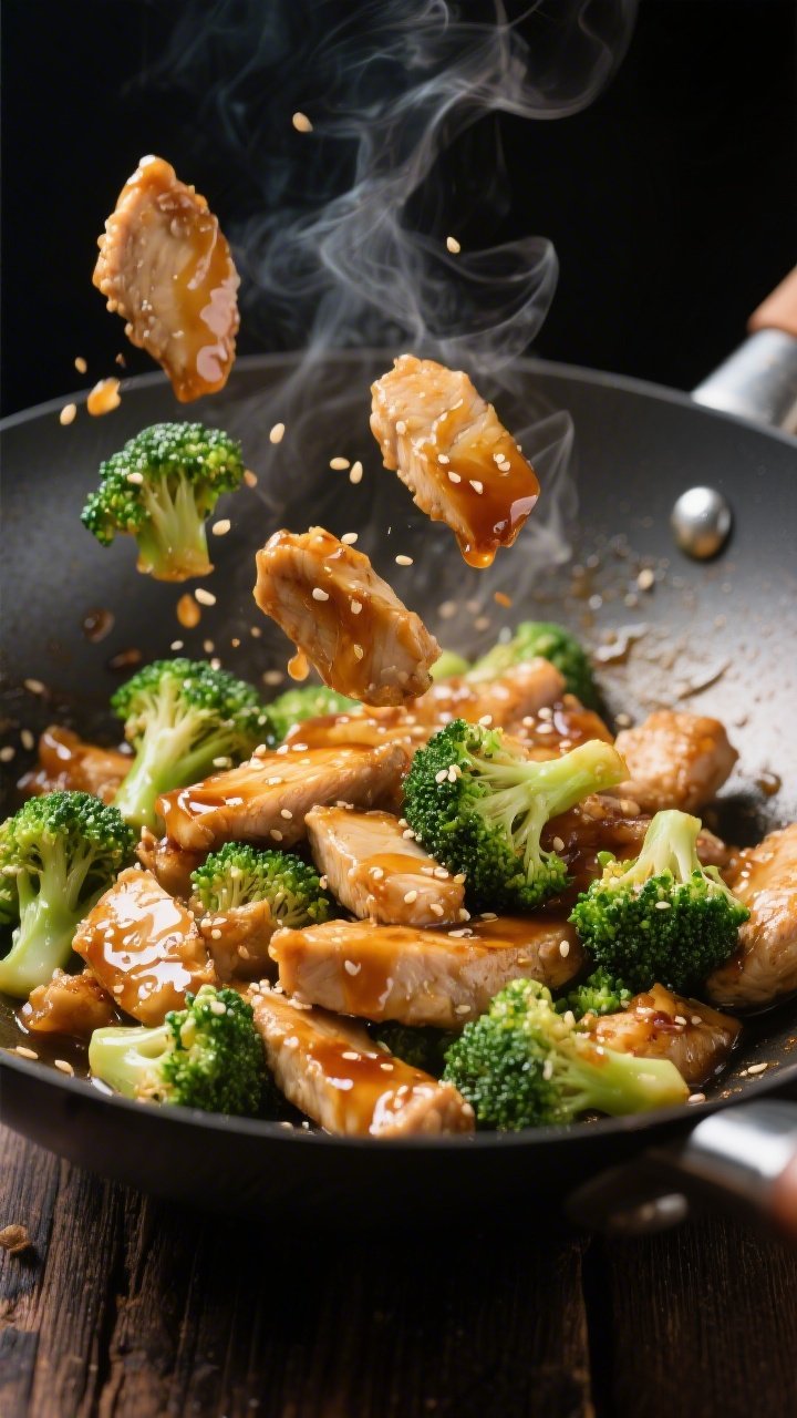 Dynamic wok close-up of Honey-Soy Ginger Chicken & Broccoli Stir-Fry: bite-size pieces of chicken (breast or thigh) lightly coated in cornstarch searing in a glossy honey-soy-ginger sauce, florets of bright-green broccoli still crisp-tender, sesame sheen catching the light; a hint of neutral oil shimmer, pepper specks visible; sticky, savory glaze clinging to each piece; captured mid-toss with sauce trails on the wok surface; dramatic side lighting for shine and texture, steam wisps, better-than-takeout vibe on a dark wood backdrop.