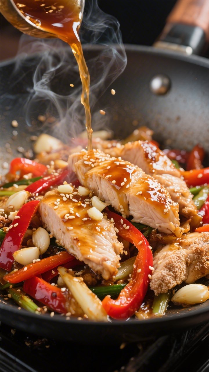 Dynamic wok-side close-up action shot of honey-soy garlic chicken stir-fry: thinly sliced chicken thighs lightly coated with cornstarch sizzling with minced garlic, glossy soy-honey sheen, and crunchy vegetables—bright red bell pepper strips and other crisp veggies—tossed in neutral oil. Visible caramelization on the chicken edges, sesame seeds sprinkled, a splash of sauce mid-pour, high-heat shine and a few wisps of steam.