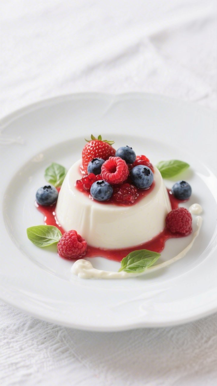 Elegant plated presentation, overhead shot of Berry-Spangled Panna Cotta with a silky, gently set white panna cotta unmolded onto a chilled plate, crowned with a mix of fresh berries (strawberries, blueberries, raspberries) and a drizzle of their juices. Spoon small dollops or a light ribbon of basil cream around the panna cotta, add a few tiny basil leaves for freshness. High-key lighting, clean white plate on a light linen, vibrant berry reds and blues contrasting with the creamy panna cotta, glossy highlights to maximize appeal.