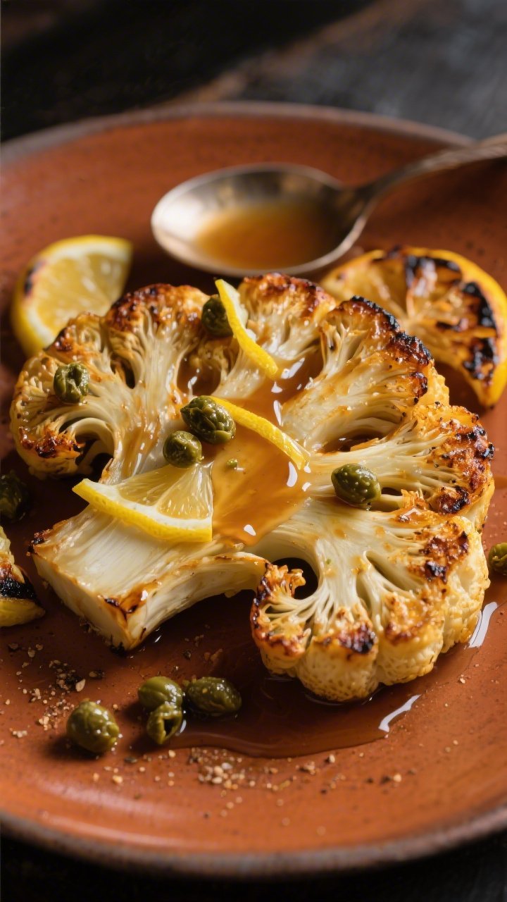 Elegant plated shot of Roasted Cauliflower Steaks With Brown Butter Capers: thick cauliflower steaks seared and oven-roasted to deep golden, seasoned with salt, pepper, garlic powder. Spoon-pooled nutty brown butter over the steaks with briny capers scattered, lemon zest ribbons and a squeeze of juice glistening on the surface. Served on a warm-toned ceramic plate with a few charred lemon halves. 45-degree angle, restaurant plating, rich, moody lighting highlighting butter gloss.