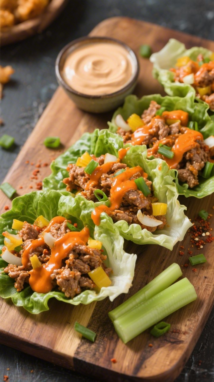 Handheld-style 45-degree shot of Buffalo Ranch Turkey Lettuce Wraps: crisp lettuce cups stuffed with juicy ground turkey sautéed in olive oil with finely diced yellow onion, minced garlic, paprika, kosher salt, and black pepper, then tossed in bright orange buffalo sauce. A cool drizzle of ranch across the top, with extra buffalo sauce and ranch in small ramekins. Garnished with thinly sliced green onions and a few celery sticks on the side. High-saturation, game-day vibe on a rustic wooden board, no people.