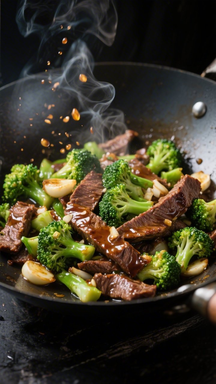 High-heat wok action, 45-degree dynamic shot of beef and broccoli power stir-fry: thinly sliced sirloin/flank steak (tenderized with baking soda) seared in avocado oil with bright green broccoli florets and minced garlic; glossy coconut aminos/tamari glaze clinging to beef and vegetables; steam and a few sizzling oil droplets caught mid-motion; deep, inky wok providing contrast, vibrant green and rich brown tones pop under strong side lighting.