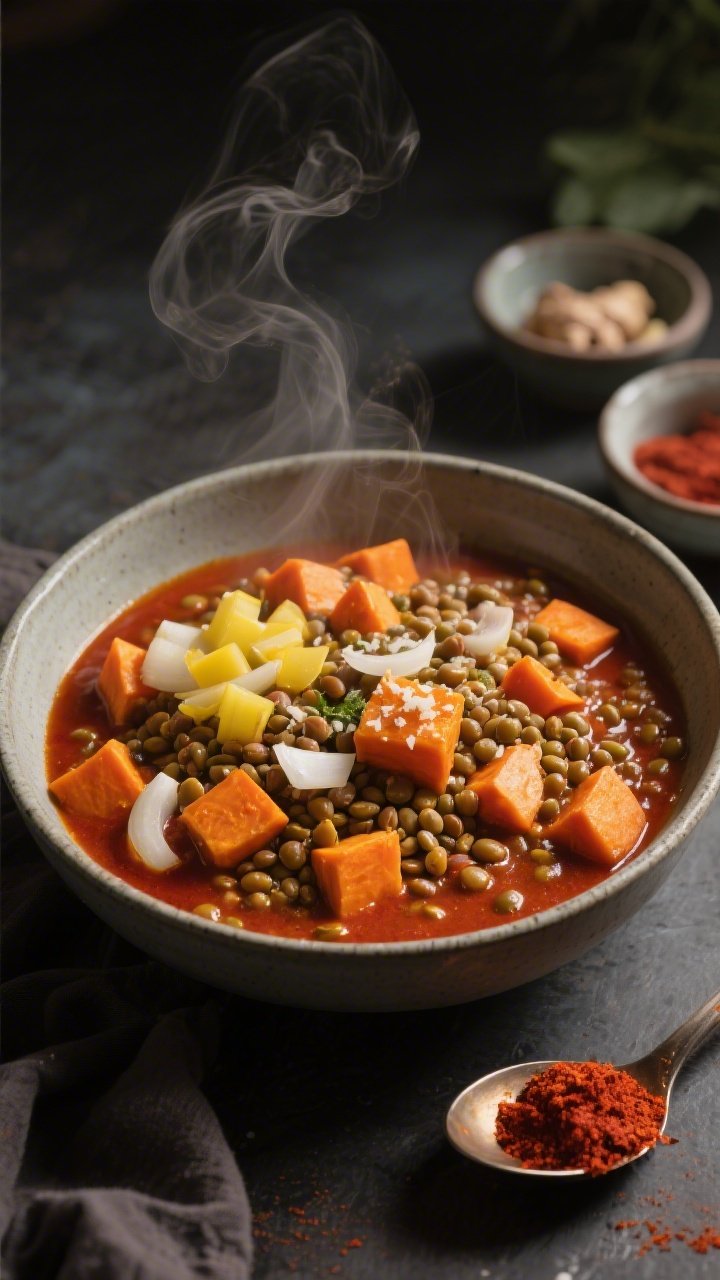 Ingredient-forward, moody overhead of cozy coconut curry lentils with sweet potatoes in a deep bowl: tender orange sweet potato cubes and earthy lentils bathed in a creamy coconut red curry broth; specks of grated fresh ginger and minced garlic apparent; diced yellow onion and a spoonful of red curry paste shown in small prep bowls at the side; steam rising, warmly lit for comfort.