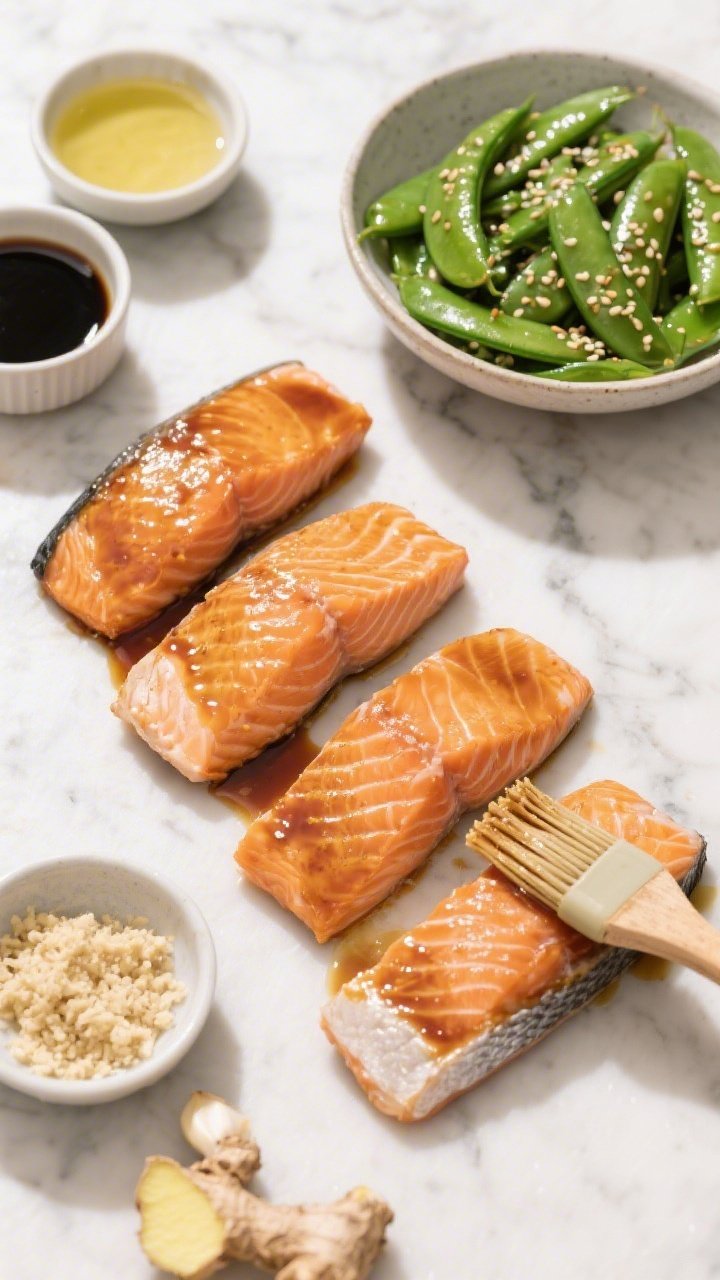 Ingredient-forward overhead scene for Miso-Ginger Salmon prep: four skin-on salmon fillets brushed with a glossy marinade of white miso paste, low-sodium tamari, rice vinegar, sesame oil, grated fresh ginger, and minced garlic. Next to them, a bowl of snap peas tossed with sesame oil and sesame seeds, ready to sauté. Small bowls hold miso, tamari, and grated ginger; a pastry brush rests with streaks of marinade. Clean marble backdrop, bright natural light, showcasing lacquered salmon and crisp green snap peas.