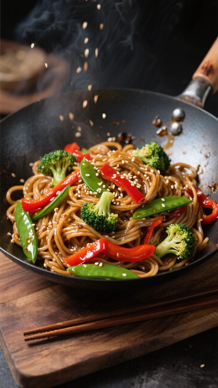 Ingredient-forward wok action shot, slightly overhead: glossy soba noodles tossed with broccoli florets, red bell pepper strips, and sugar snap peas, all shimmering with a miso-ginger stir-fry sauce, toasted sesame seeds and a finishing thread of sesame oil, vibrant greens and reds popping against a dark carbon-steel wok, high heat sheen with a few charred edges, chopsticks resting nearby on a wooden board, crisp, energetic lighting for a fresh, umami vibe