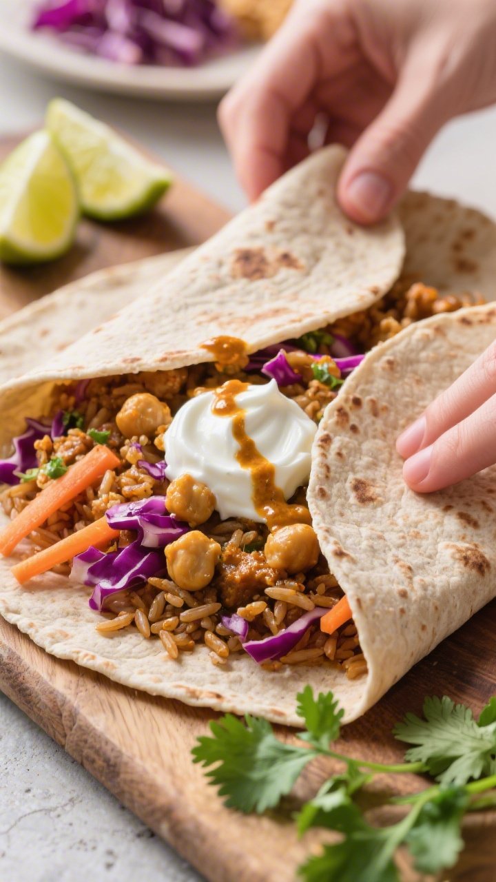 Ingredient-forward wrap assembly at 45 degrees: whole-grain tortilla open on a board, layered with warm brown rice, curry-spiced chickpeas lightly mashed, a swirl of plain Greek yogurt, and a vivid crunchy slaw (purple cabbage and carrots) ready to fold. Drizzles of curry sauce, lime wedges, and scattered cilantro leaves nearby. Bright, punchy colors, natural light, and a casual hand-off feel without hands—focus purely on textures and build.