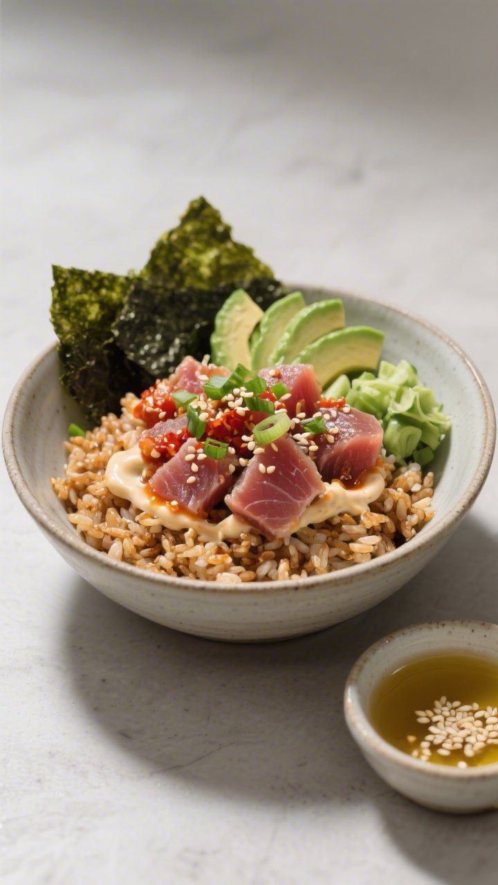 Ingredient-to-bowl narrative at 45 degrees for spicy tuna sushi bowls with crunchy rice: a wide bowl of crisped short-grain brown rice (pressed and pan-seared in sesame oil) topped with spicy tuna (wild albacore mixed with mayo and chili sauce), drizzled with rice vinegar and a hint of sugar; garnishes of sliced cucumber, avocado fan, nori strips, scallions, and sesame seeds; a small dish of sesame oil and vinegar to the side, clean modern styling, sharp textures and vivid greens against neutral ceramics