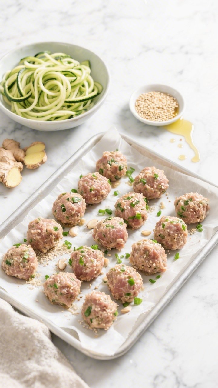Ingredient-to-cooking process overhead for ginger-sesame turkey meatballs with zucchini noodles: parchment-lined tray with neatly rolled turkey meatballs made from lean ground turkey, egg, almond flour, chopped green onions, minced garlic, fresh grated ginger, and sesame oil; nearby spiralized zucchini noodles in a bowl, a small dish of sesame seeds, and a drizzle trail of sesame oil; clean, bright setup on a light stone surface, emphasis on textures and freshness before baking/sautéing.