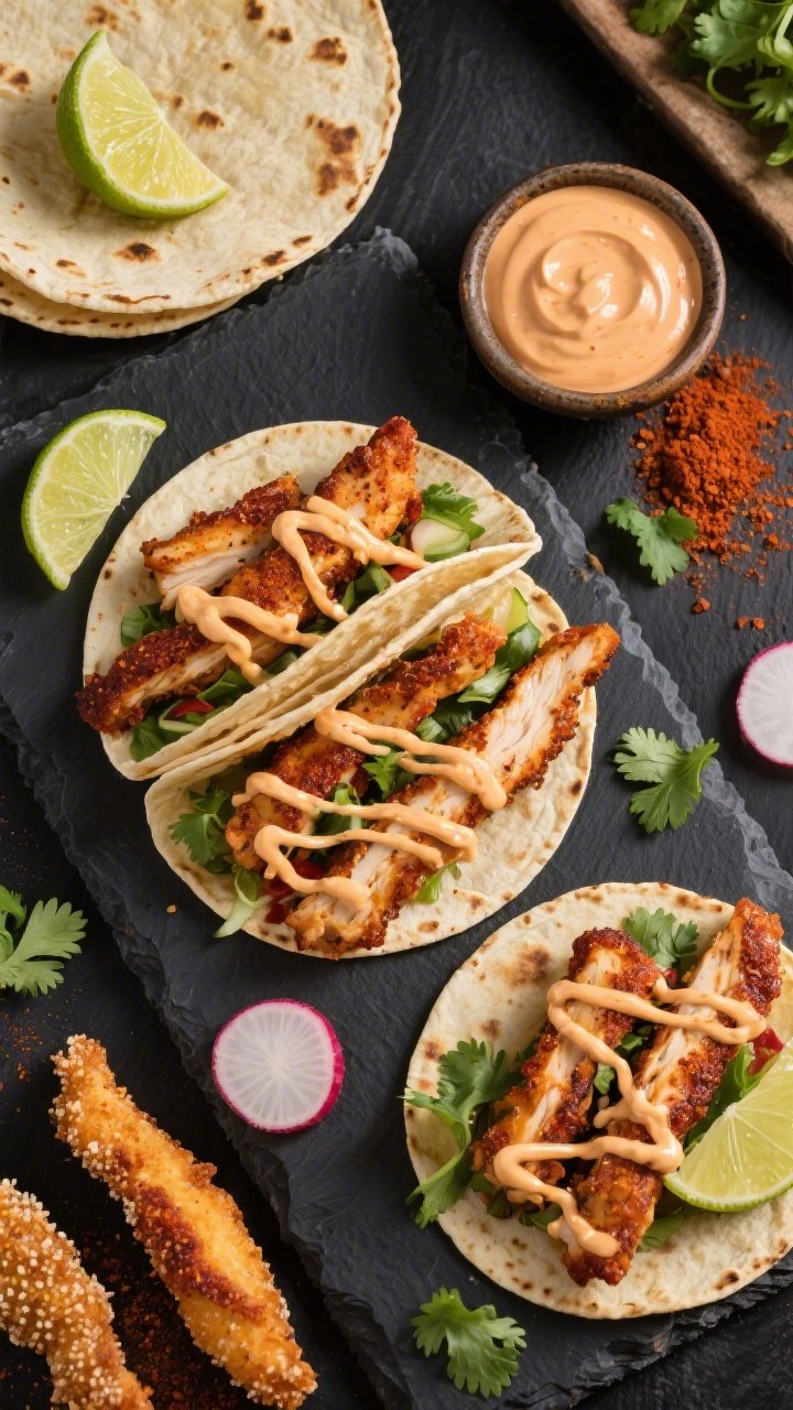 Ingredient-to-final taco spread, overhead flat lay: crispy cornstarch-dusted chicken strips seasoned with chili powder, cumin, smoked paprika, and garlic powder, tucked in warm tortillas; chipotle-lime crema drizzled in ribbons, lime wedges, radishes, and cilantro scattered; a small bowl of the smoky crema, extra spice mix pinches visible; vibrant, crunchy, street-taco mood on a dark slate surface.