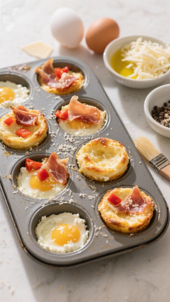 Ingredient-to-final transition at 45 degrees for savory cottage cheese egg bites with prosciutto and peppers: a muffin tin filled with just-baked golden egg bites showing airy curds from cottage cheese, melted mozzarella stretch, and Parmesan-speckled tops; ribbons of crisped prosciutto and diced red peppers visible in each bite; nearby set of raw ingredients—eggs, cottage cheese, shredded mozzarella, grated Parmesan, garlic powder, olive oil brush, kosher salt, and black pepper—in small bowls; warm morning light, clean minimal styling.