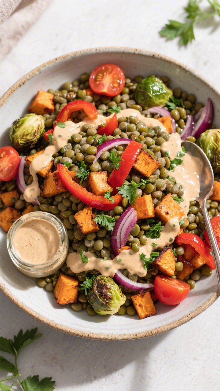 Ingredient-to-finish overhead of warm lentil and roasted veg power salad: earthy French green lentils tossed warm with roasted sweet potato cubes, chopped red bell pepper, and red onion wedges, plus a few roasted Brussels sprout leaves and cherry tomato halves for color; drizzled generously with creamy tahini-herb dressing, sprinkled with fresh parsley; presented in a large ceramic bowl with a small jar of extra dressing and a spoon, natural daylight to emphasize hearty textures.