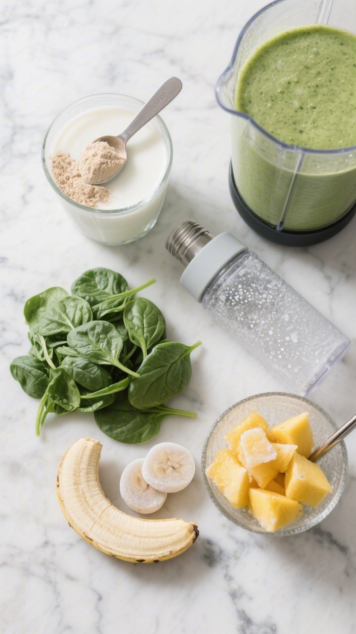 Ingredients flat lay for a Metabolism-Boosting Green Smoothie: overhead composition on a cool marble surface featuring unsweetened almond milk in a glass, a scoop of vanilla protein powder with a visible scoop, a mound of packed baby spinach, half a small frozen banana coins, a half-cup of frozen pineapple and mango chunks, and a blender jar ready to fill; include a reusable glass smoothie bottle and a metal straw; frosty textures and dewy condensation to suggest chill and freshness, clean natural light.