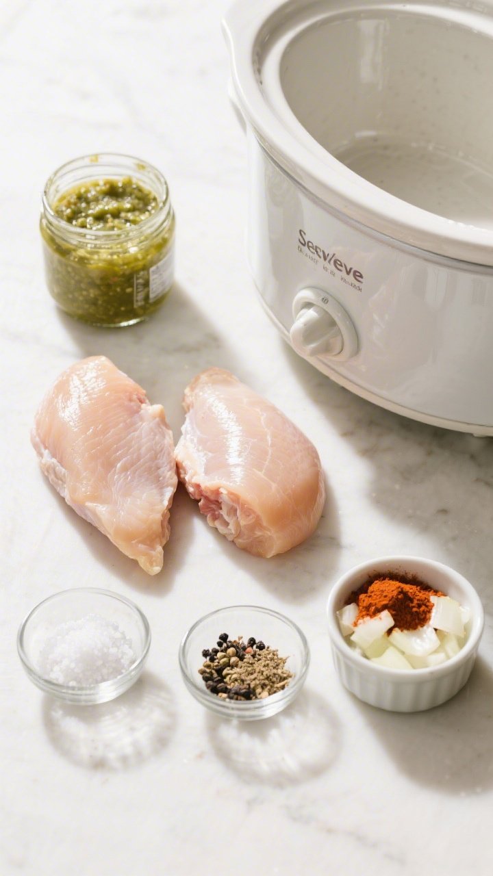 Ingredients-focused overhead flat lay for slow cooker salsa verde chicken: raw boneless skinless chicken breasts and thighs side by side, an open jar of salsa verde pooled in a small bowl to show texture, measured piles of kosher salt, black pepper, ground cumin, and chili powder, a small diced onion dish; slow cooker crock centered and empty, ready for layering; clean, bright daylight to emphasize freshness and simplicity.