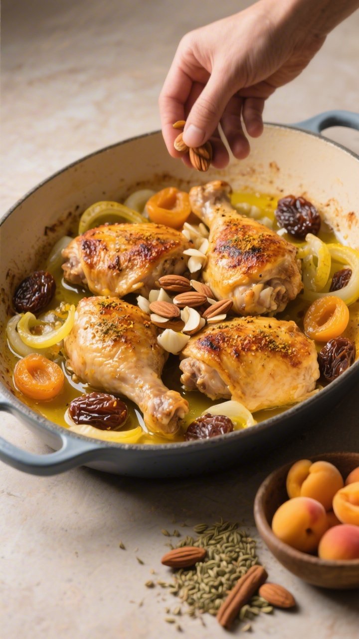 Ingredients-to-pan transition shot for Moroccan-Spiced Apricot Chicken With Almonds: bone-in skinless chicken thighs seared golden in olive oil nestled with thinly sliced yellow onions and minced garlic, surrounded by plump dried apricots; sprinkled with Moroccan-inspired spices (cumin, coriander, cinnamon) and toasted sliced almonds ready to add; photographed at a 45-degree angle in a wide braiser, with a small bowl of spices and a handful of apricots on the side; warm saffron-toned light, aromatic and exotic feel.