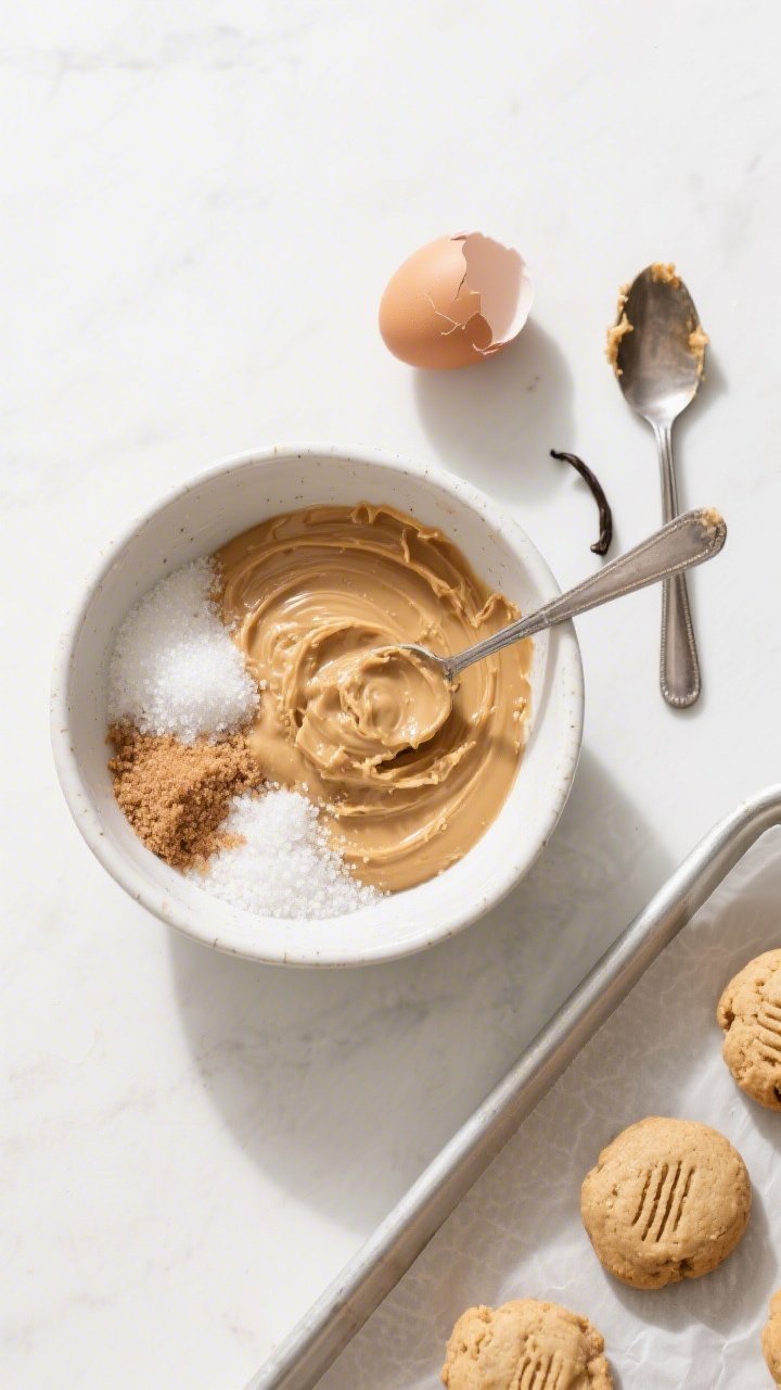 Minimalist overhead ingredient-prep flat lay for one-bowl flourless peanut butter cookies: a mixing bowl with creamy no-stir peanut butter swirled with granulated sugar and light brown sugar, a single cracked egg, a teaspoon of vanilla, and a sturdy spoon showing thick dough texture. Include formed dough balls on a parchment-lined baking sheet to the side, a few with fork marks started. Bright, clean daylight, neutral props to emphasize the gluten-free simplicity, crisp focus on glossy dough and sugar crystals.