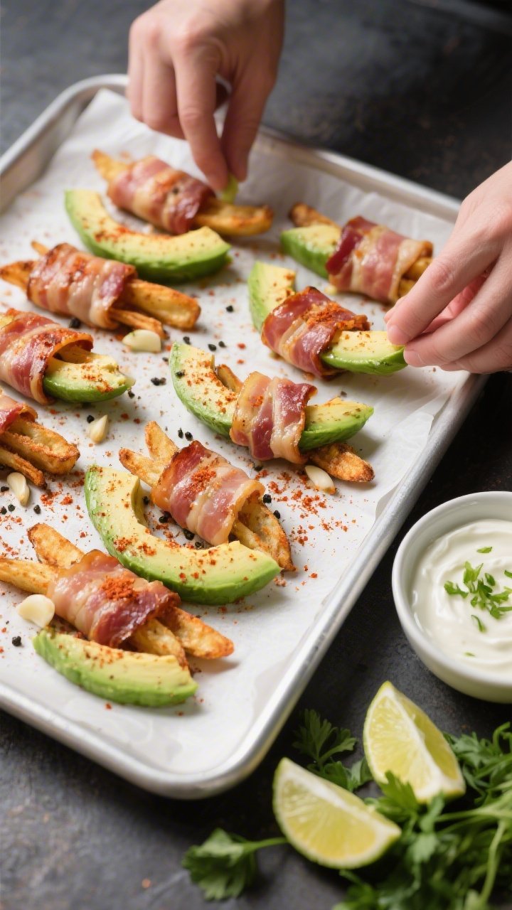 Overhead action-prep scene of bacon-wrapped avocado fries before baking: thick avocado wedges neatly wrapped in thin streaky bacon, dusted evenly with smoked paprika, garlic powder, black pepper, and a pinch of cayenne on a parchment-lined sheet pan. A small bowl of zesty lime crema (lime, sour cream/crema) off to the side with lime zest on top; fresh parsley sprigs and lime halves for accent. Hard side-light to emphasize bacon texture and spice, clean, high-contrast styling.